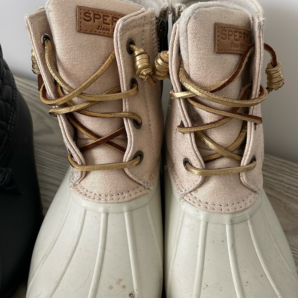 Gold and white sperry boot